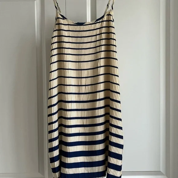 Mango Blue and Cream Pleated Slip Dress Spaghetti Strap Mini - Picture 2 of 11